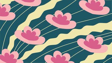 Minimalist abstract pattern background with dark blue curvy lines and pink purple floral petals elements vector illustration