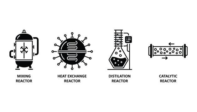 Chemical reactor icon set mixing heat exchange distillation catalytic process industry vector illustration