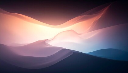 An abstract vector illustration of a sunset over a mountain landscape featuring a bright sun and orange clouds above a misty valley horizon
