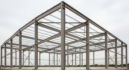 Construction of a steel frame warehouse in an open area near a city during the day