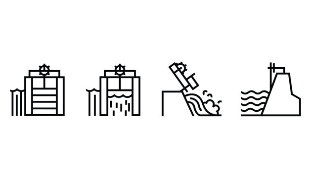 Hydropower dam line drawing set featuring hydro energy and sustainable water energy concept