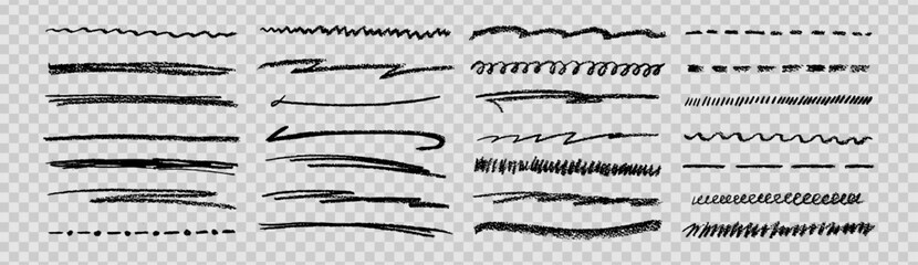 Obraz premium Hand created underline line strokes in chalk pencil watercolor brush and crayon style on like transparent png bg delivering doodle effect black color texture for blackboard graphic kit bundle.