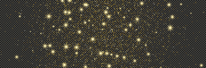 Gold glittering dust with stars on transparent backdrop