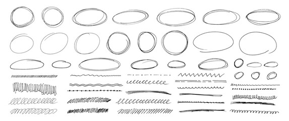 Hand drawn black pen collection showing round circle underline marks with doodle lines and strokes accents forming vector set kit bundle designed to highlight text through scribble oval line style. © A_Y_N