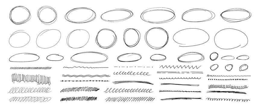 Hand drawn black pen collection showing round circle underline marks with doodle lines and strokes accents forming vector set kit bundle designed to highlight text through scribble oval line style.