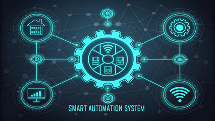Smart automation system graphic with glowing icons and central gear on dark tech background