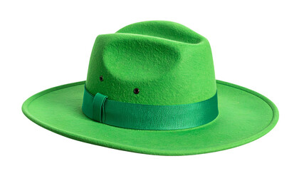 A vibrant, bright green fedora hat, with a band and eyelets, isolated on black