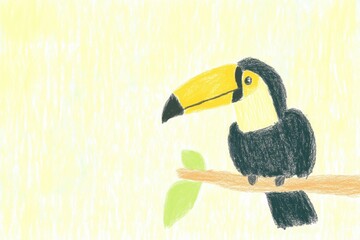 Obraz premium Toucan sitting on a branch hand drawn with colored crayons, cute kids illustration