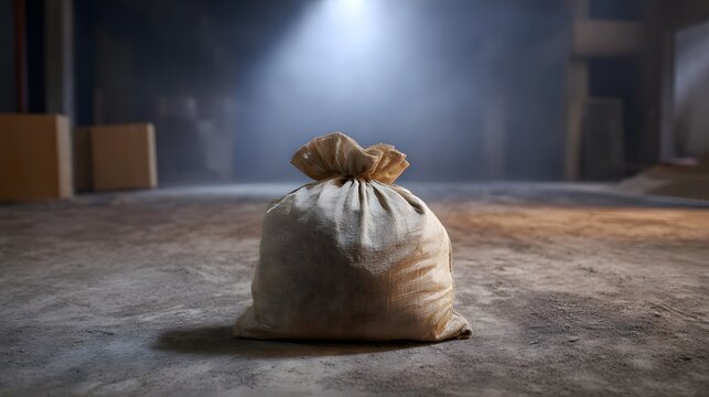 A rustic burlap sack tied closed and full sits on a dusty concrete floor in a dimly lit warehouse with a dramatic spotlight