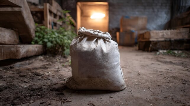 A dusty coarse burlap sack rests on the dirt floor of a dimly lit rustic storage area filled with unseen contents