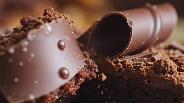 Delicious Chocolate Dessert with Chocolate Shavings and Decorations, Close Up.