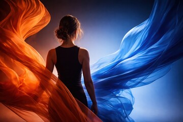 Back view of a woman surrounded by flowing orange and blue fabric in motion, abstract energy and transformation concept with strong color contrast and copy space, perfect for creative advertising
