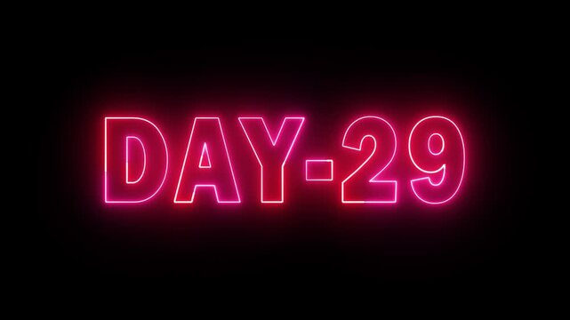 Day 29 text neon animation on black background. neon day 29. 29 Day To Go glowing neon Animation.