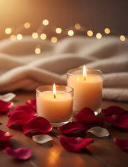 candles and rose petals, Romantic Candlelight Scene with Rose Petals and Soft Warm Lights