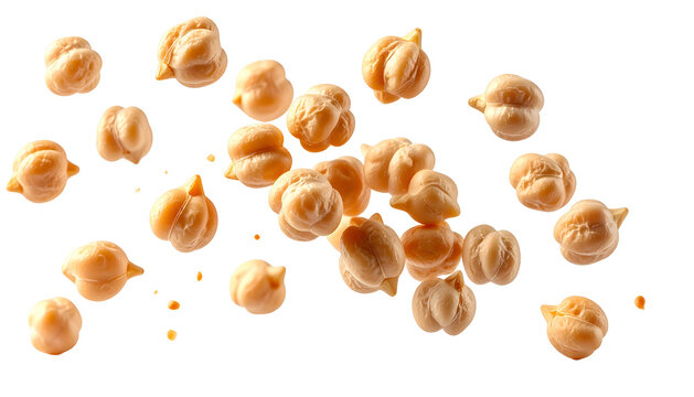 Close-up of multiple pale tan chickpeas, isolated with a transparent background