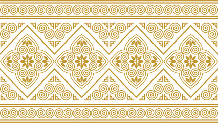 Seamless, traditional Hmong tribal pattern in gold, featuring geometric designs and cultural ornaments. Ideal for fashion fabrics, gift wrapping paper, stationery, and decorative surfaces.