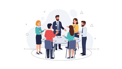 Diverse team collaborating in a modern office meeting, brainstorming ideas around a table.