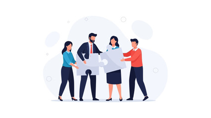 Teamwork strategy - business people assembling puzzle pieces for success