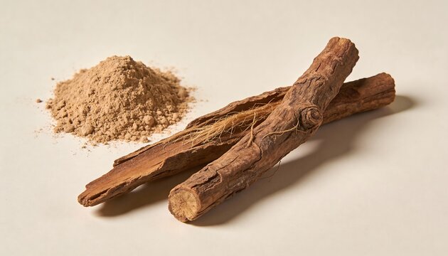 Tongkat Ali (Eurycoma longifolia) Root Sticks and Powder on Neutral Background &ndash; Traditional Herbal Ingredient Macro