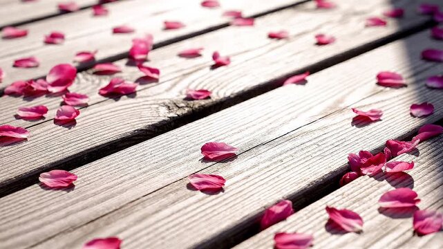 Close up of pink rose petals scattered on weathered wooden planks.