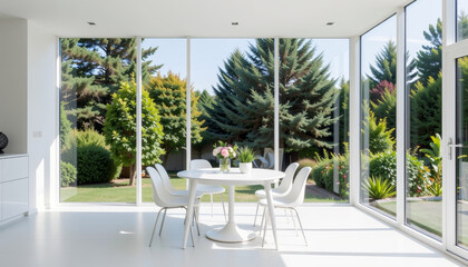 Obraz premium Bright interior space with white dining table and chair, glass wall, green garden view, natural light, modern minimal style