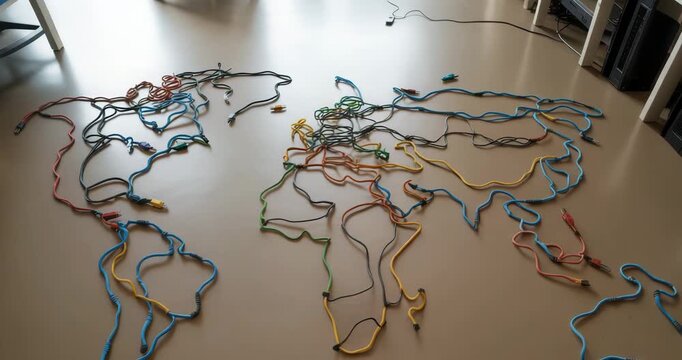 Vibrant cables forming a world map on modern office floor
