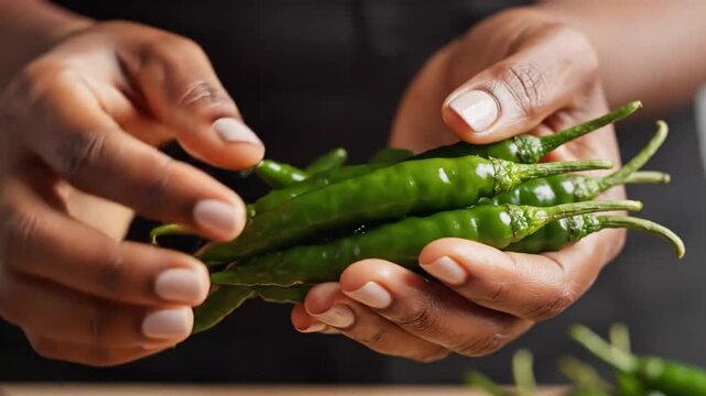 Close up of Dark skinned Hands Holding a Pile of Fresh Green Chili Peppers