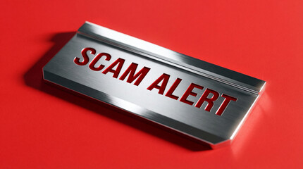 Metal Scam Alert Warning Sign on Red Background