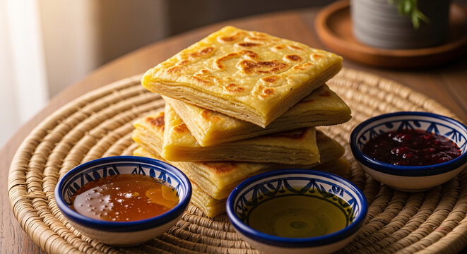Stacked Moroccan msemen with honey, olive oil, and jam dips
