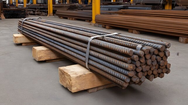 A neatly bundled stack of rusty rebar rests on wooden blocks in an industrial warehouse setting