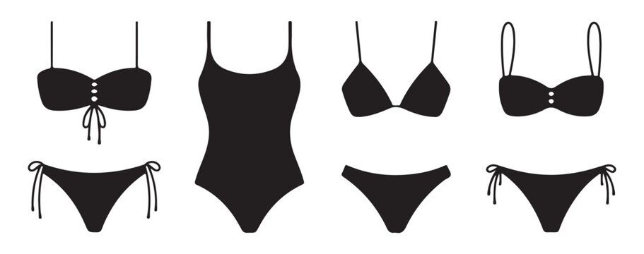 Set of black swimwear icons, featuring various bikini tops and bottoms with a one-piece option