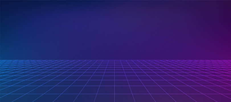 Neon AI pixel gradient bg. Blue, pink and purple gradient background. Abstract digital texture with line grid room. Vibrant cyber futuristic texture. Modern vector illustration.