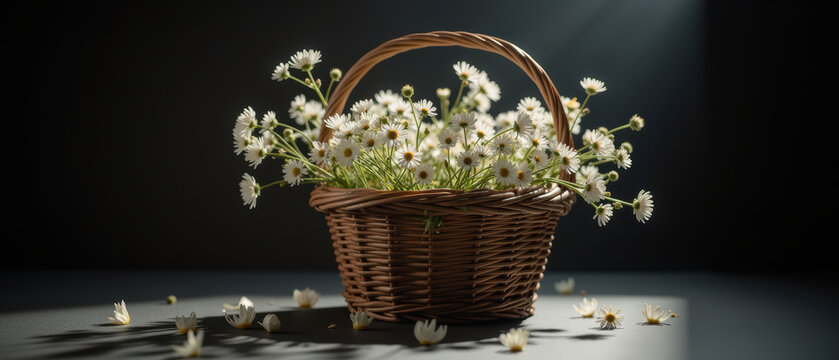 Woven basket filled with delicate white flowers creates serene and inviting atmosphere, perfect for any floral arrangement