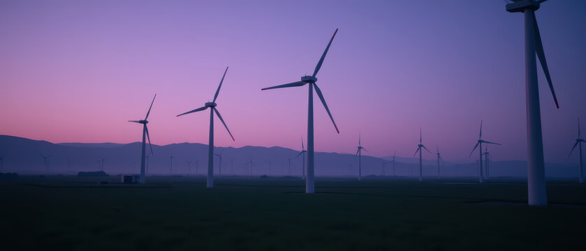 Wind turbines serene landscape dusk, showcasing renewable energy and environmental sustainability. soft purple sky enhances tranquil atmosphere