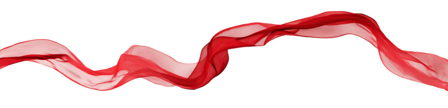Vibrant red fabric with flowing fabric texture, featuring silk and chiffon in a wavy abstract design on a clean white background.