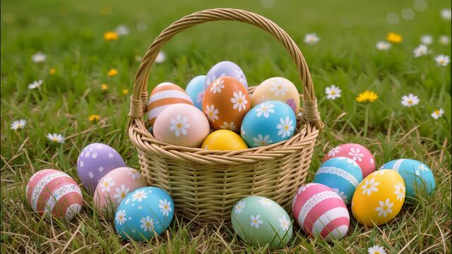 Easter eggs in a basket on green grass, closeup view. Egg hunt, Easter holiday celebration