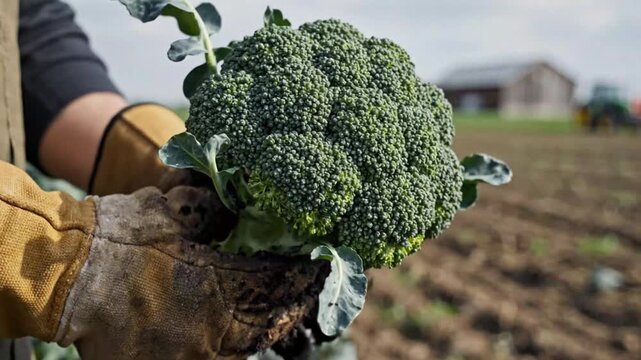 Freshly Harvested Broccoli Held by Gloved Hands with Soil in a Large Agricultural Field