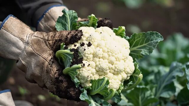 Freshly Harvested Organic White Cauliflower Head in a Gardeners Hand with Soil Clumps