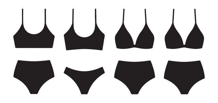 Black silhouette of bra tops and bikini bottoms in various styles for fashion and beachwear