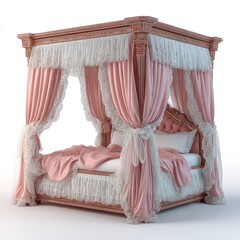 Ornate four-poster bed with pink drapes & lace details