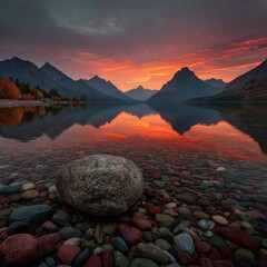Mountain lake at sunset reflected in calm water