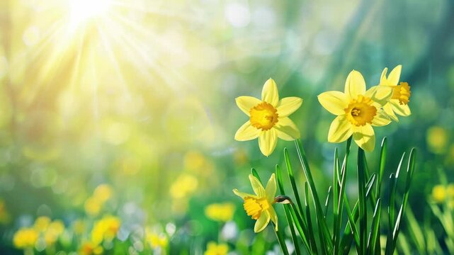 Bright sunlight shining over vibrant yellow daffodils in spring meadow