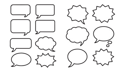 Assortment of outlined speech bubbles, chat balloons, and spiky bursts for comic dialogue and expression