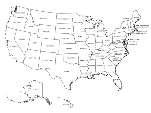 United States of America, outline map. The outlines of the USA, a federated state, subdivided into 50 states and the District of Columbia. Labeled, isolated black and white illustration. Vector