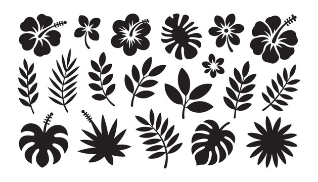 Set of black tropical flower and palm leaves silhouette isolated on white background