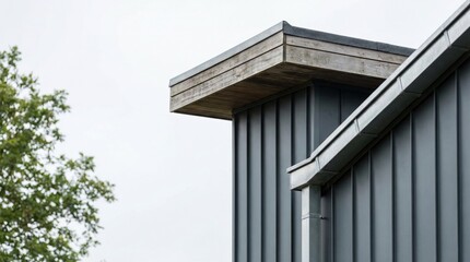 Modern metal facade optimization with wood trim detail and rainwater gutter system illustrating contemporary architecture for sustainable building infrastructure efficiency