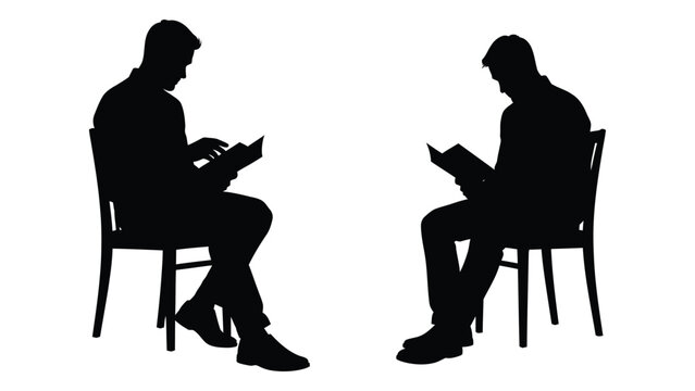 Two figures sit facing each other appearing to read in a minimalist silhouette style