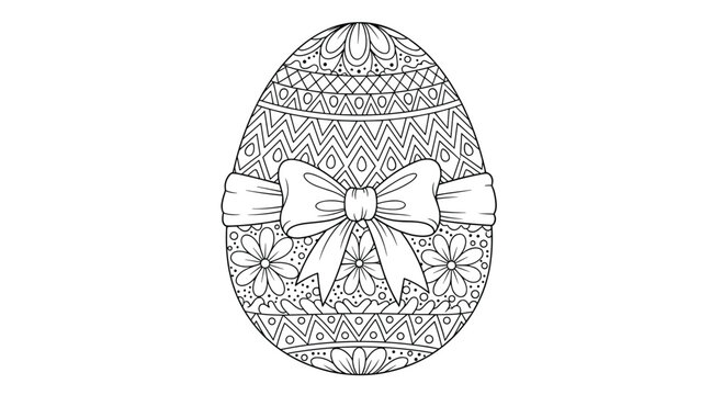 Intricately detailed easter egg with floral and geometric zentangle patterns and a bow, designed as a coloring book page for adults.