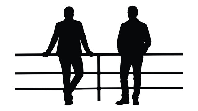 Two men stand silhouetted against a white background leaning on a railing