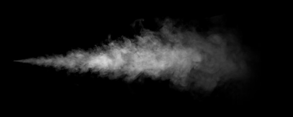 Realistic white smoke effect isolated on black background, dynamic mist and vapor trail with motion flow. Perfect for overlay, cinematic effects, mystery concept, and abstract visual compositions. © wasan